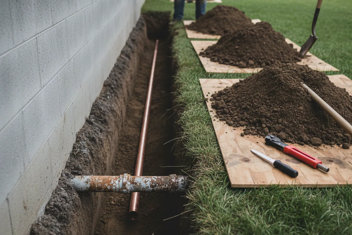 Excavated water line trench during Water Heater Repair in Martin